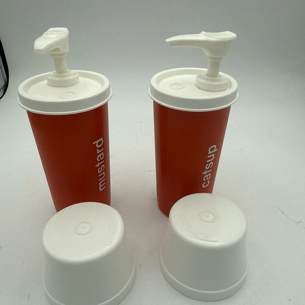 VTG 70’s Tupperware Catsup & Mustard Orange Containers W/ Pump And Lids